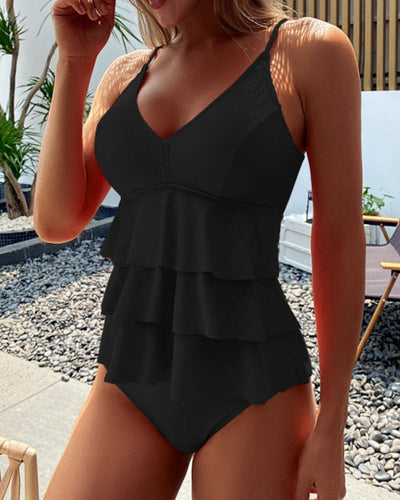 Roos™ Flounce split effen kleur tankini