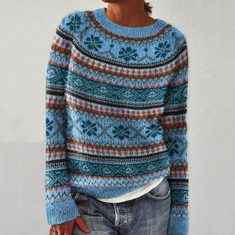 Vintage ethnischer Schneeflocken-Jacquard-Pullover mit Rundhalsausschnitt