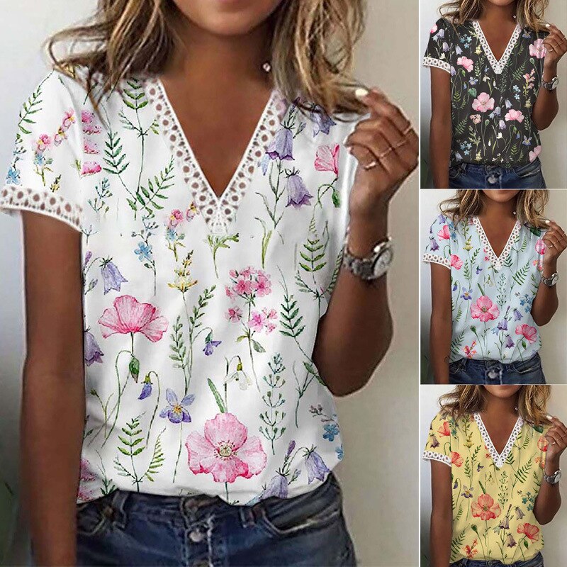 Ilse™ - Patchwork T-shirt met bloemenprint en kant