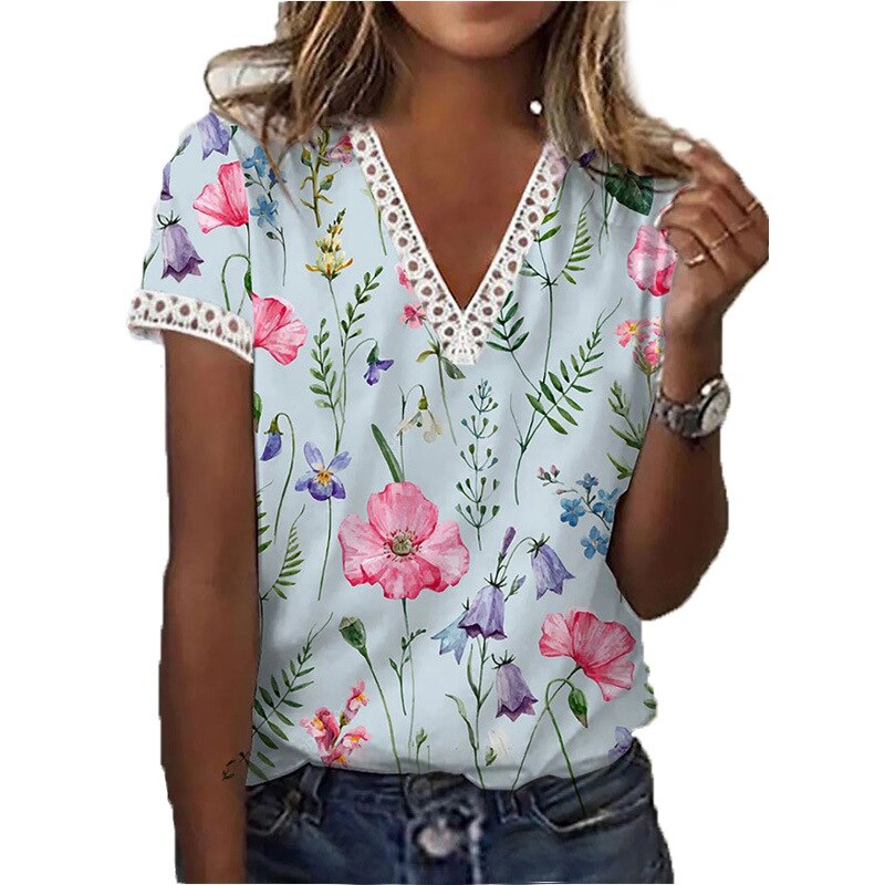 Ilse™ - Patchwork T-shirt met bloemenprint en kant