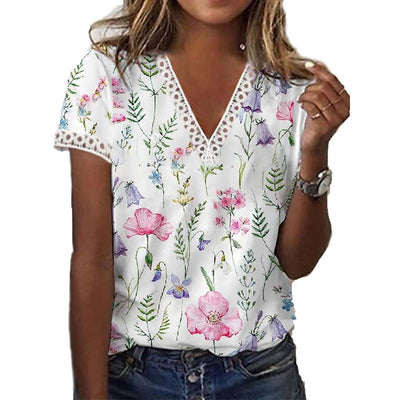 Ilse™ - Patchwork T-shirt met bloemenprint en kant