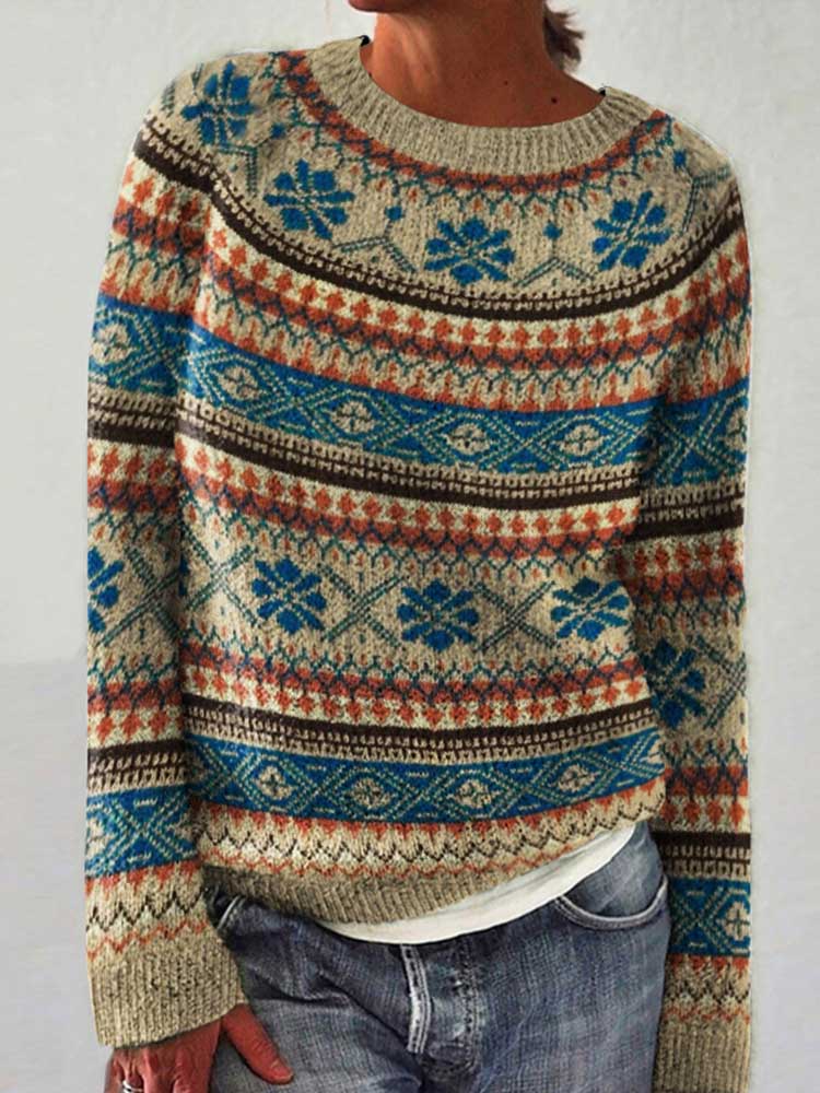 Vintage ethnischer Schneeflocken-Jacquard-Pullover mit Rundhalsausschnitt